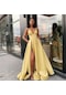İkkb Bayan Giyim Büyük Beden Derin V Yırtmaçlı Abiye Elbise Sarı