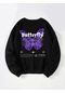 Unisex Oversize Bisiklet Yaka Basic Butterfly Baskılı Sweatshirt - Siyah Siyah