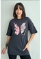 Kadın Çiçekli Kelebek Baskılı Bisiklet Yaka Oversize T-shirt Füme