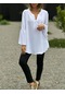 Kadınların Yeni Düz Renk V Yaka Gündelik Uzun Kollu Gömlek Beyaz
