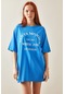 Xhan Mavi Bisiklet Yaka Yazılı Midi Oversize T-shirt 5yxk1-48207