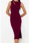 Moda Stil Fitted Bisiklet Yaka Midi Boy Bridal Pencere Cut Out Detaylı Dokuma Elbise Mürdüm