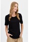 Desen Triko Kadın Sıfır Yaka Flamlı Kumaş Penye T-shirt Kmy24084 Siyah