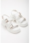 İki Bant Klipsli Kalın Taban Beyaz Kadın Dolgu Topuk Sandalet-3006-beyaz