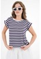 Lacivert Çizgili Bisiklet Yaka Japone Kol Basic T-shirt Lacivert