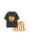Erkek Çocuk 2d Çizim Aslan Karakter Baskılı T-shirt Çizgili Şort 2 Parça Altüst Takım Kahverengi