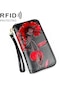 907 Antimanyetik Rfıd Kadın Çiçek Desenli Büyük Kapasiteli El Cüzdanı Telefon Çanta Kart Yuvaları İle Kırmızı