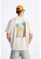 The Champ Clothing Bisiklet Yaka Palmiye Baskılı Oversize Bej Erkek T-shirt Bej