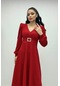 Krep Kumaş Kemer Detaylı Midi Elbise - Kırmızı