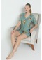 Mirano 1200 Likralı Pegasus Kumaş Düğmeli Şortlu Kadın Leoparlı Pijama Takımı Yeşil