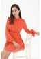 Büzgülü Puantiyeli Şifon Elbise - Turuncu-turuncu