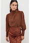 Sateen Drape Detaylı Bluz - Kahve