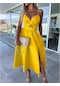 Kadın Giyim Yeni Moda Düz Renk Derin V İçi Boş Büyük Salıncak Etek Yarık Elbise Sarı