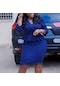 Ikkb Düz Renk Fırfırlı İnce Kadın Büyük Beden Elbise Mavi