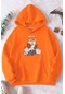 Meow Tatlı Kediler Baskılı Oversize Sweatshirt Turuncu