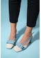 Veles Mavi-Bej Rugan Fiyonklu Kadın Kalın Topuklu Ayakkabı