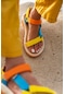 Step Sarı Turuncu Mavi Cırtlı Düz Taban Kadın Sandalet