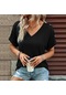 Bayan Kısa Kollu Düğmeli V Yaka Yazlık T-shirt Siyah