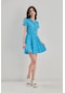 Fullamoda Çiçekli Gömlek Yaka Bürümcük Kumaş Elbise- Altın 24YGB4160203084-Mavi