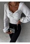 Kadın Yeni Moda Baskılı Uzun Kollu Kare Yaka Bel Büzgülü Tişört Beyaz