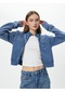 Koton Crop Fermuarlı Sweatshirt Dik Yaka Soluk Efektli Aplike Detaylı Rahat Kalıp Mavi 4wal10604ık