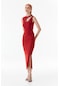 Fullamoda Fitilli Taş Detaylı Pencereli Yırtmaçlı Elbise- Kırmızı 24YGB7220202749-Kırmızı