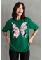 Kadın Çiçekli Kelebek Baskılı Bisiklet Yaka Oversize T-shirt Yeşil