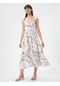 Koton Çiçekli Elbise Midi Bağlamalı Askılı Volanlı Kalp Yaka Beyaz Desenli 3sak80452ew 3SAK80452EW0D0