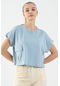 Maraton Sportswear Comfort Kadın Bisiklet Yaka Kısa Kol Basic Sisli Mavi Crop Top 20856 Mavi