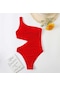 Avrupalı ve Amerikalı Kadınların Buruşuk Tek Parça Tek Omuz Bikini Mayo Kırmızı