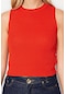 Moda Bisiklet Yaka Triko Slim Düz Desen Casual Günlük Crop Kolsuz Bluz Turuncu
