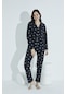 Elitol 952 Düğmeli Desenli Gömlek Yaka Kadın Pijama Takımı Siyah