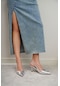 Platte Gümüş Mat Kemer Detay Bilek Bağlı Kadın Topuklu Ayakkabı