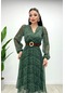Şifon Kumaş Kruvaze Yaka Puantiye Detaylı Elbise - Zümrüt Yeşil