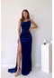 İnce Askılı Kuyruk Detay Kadife Saks Mavi Uzun Kadın Abiye Elbise