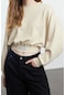 Oversize Dik Yaka Düşük Kol Crop Rahat Kalıp Yumuşak Tuşeli Crop Etiket Örme Sweatshirt Taş