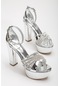 Rugan Çapraz Taşlı 40mm Gümüş Kadın Platform Topuklu Abiye Ayakkabı-2834-gümüş