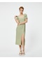 Koton Balon Kol Elbise Midi Yırtmaç Detaylı Kısa Kollu Slim Fit Yeşil 4sal80002ık