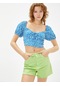 Koton Crop Çiçekli Bluz Kare Yaka Balon Kollu Bağlama Detaylı Mavi Desenli 3sal60019ık 3SAL60019IK6D0