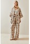Xhan Kahverengi Desenli Bol Paça Keten Kimono Takım 4kxk8-47909-