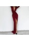 Avrupalı Ve Amerikalı Bayanlar Yeni Düz Renk Moda Derin V Yaka Uzun Kollu İnce Yarık Gece Elbisesi Bordo
