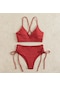 Kadın Ayrı Yaz Düz Renk V Yaka Bikini Yüksek Bel Tanga Takım Kırmızı