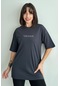 Kadın Vintage Baskılı Bisiklet Yaka Oversize T-shirt Füme