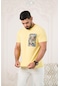Bisiklet Yaka Önü Baskılı Pamuklu Likralı Basic Regular Fit T-shirt Sarı
