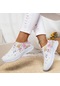 Beyaz Kadın Taşlı Dekor Slip On Spor Ayakkabı, Çiçek Ve Kelebek Baskılı - Nefes Alabilen Örgü Koşu Ayakkabısı