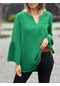 Kadınların Yeni Düz Renk V Yaka Gündelik Uzun Kollu Gömlek Yeşil