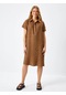 Faik Sönmez Gömlek Yaka Büyük Beden Kendinden Desenli Kahverengi Kadın Elbise U68300