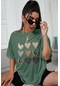 Unisex Kalp Baskılı T-shirt Yeşil