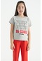 Tommy Life Gri Melanj O Yaka Yazı Baskılı Rahat Form Kısa Kollu Cropped Kız Çocuk T-shirt - 75118 Gri Melanj