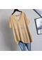Ten Rengi Ekstra Büyük Boy T-shirt Kadın Yaz V Yaka Elbise Moda Gevşek Elmas Çivili Mektup Kısa Kollu Tişört Kadın Ten Rengi